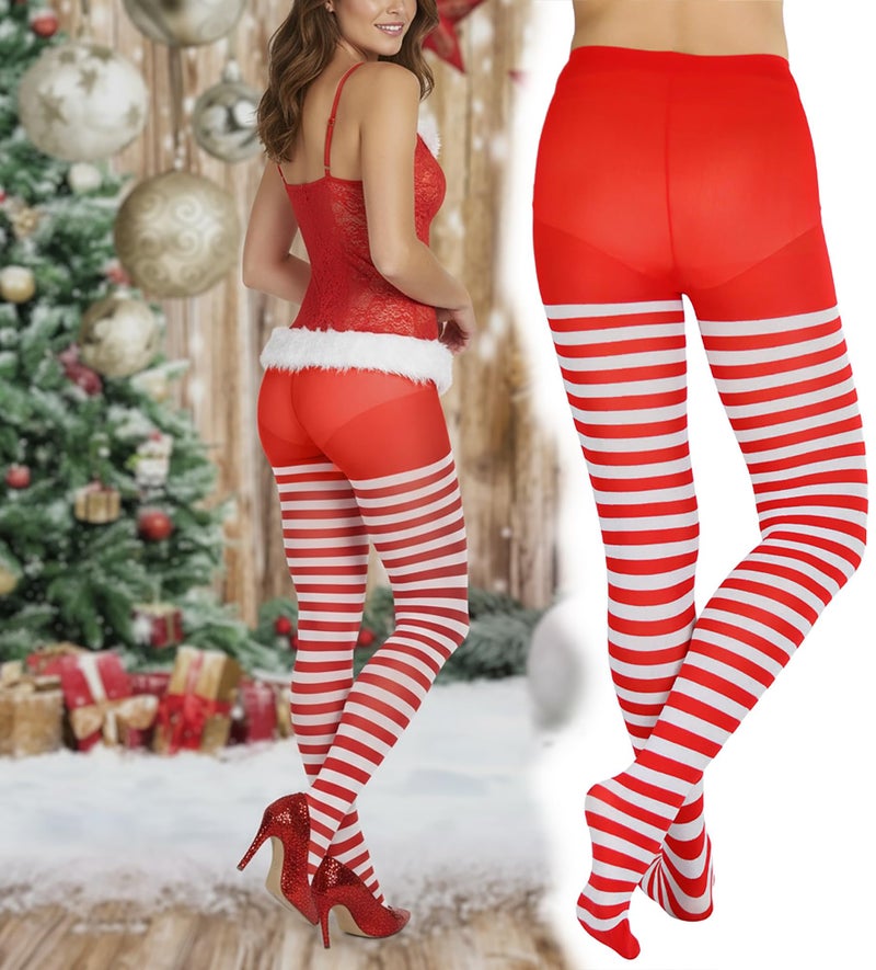 ToBeInStyle Women's Nylon Horizontal Striped Tights - White/Red - Plus - Image 2